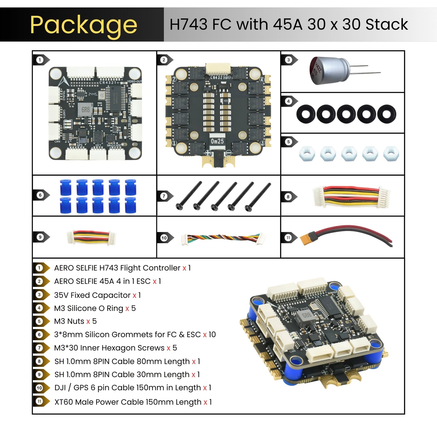 AERO SELFIE H743 Flight Controller Stack: 30x30 Stack with 45A 4in1 ESC Combo Supports Betaflight, Ardupilot, PX4, INAV, 6V-28V Input, 45A Continuous, DSHOT/PWM for FPV & UAVs