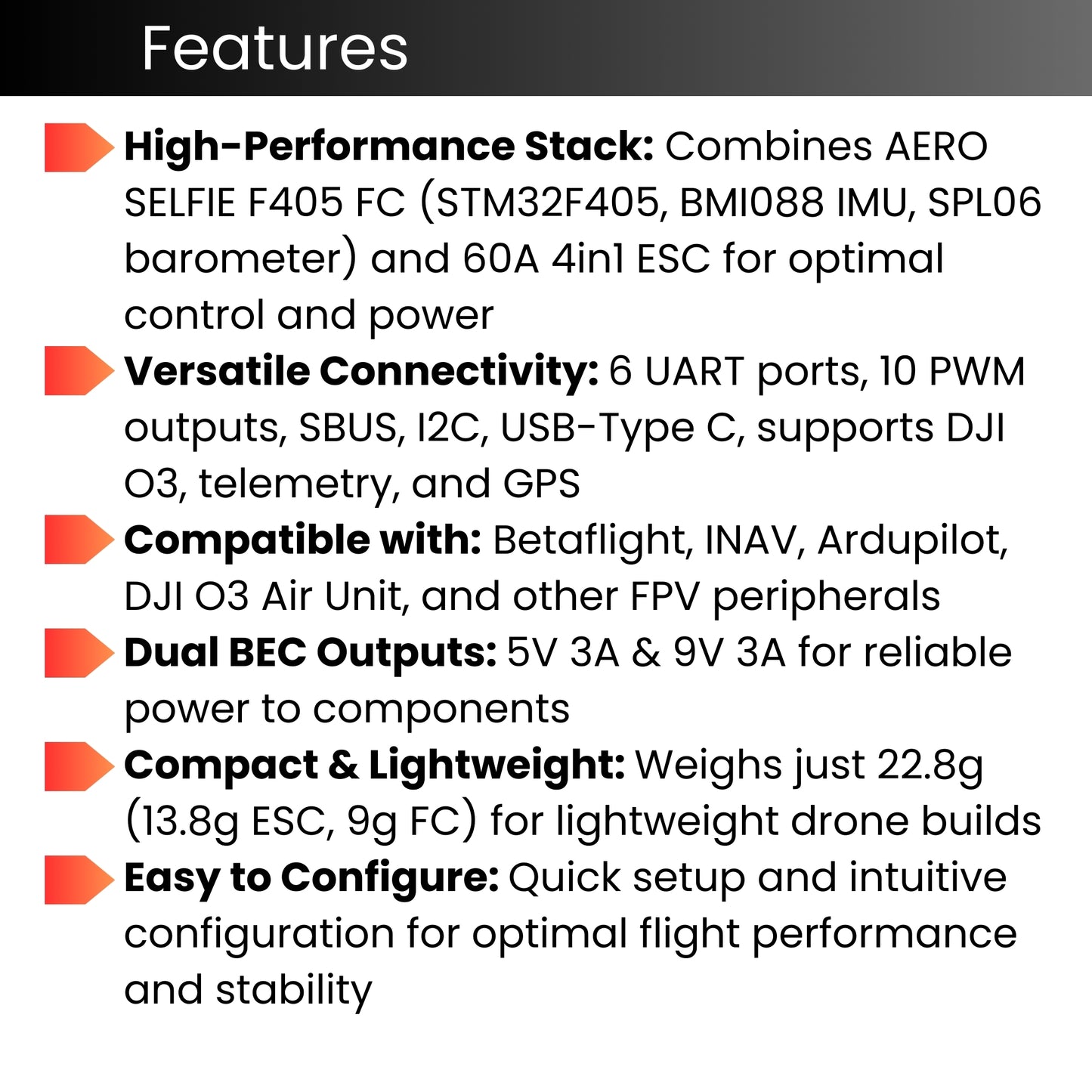 AERO SELFIE F405 Flight Controller Stack: 30x30 Stack with 60A 4in1 ESC Combo Supports 2-6S LiPo, Betaflight, INAV, Ardupilot, DJI O3 with Dual BEC Outputs