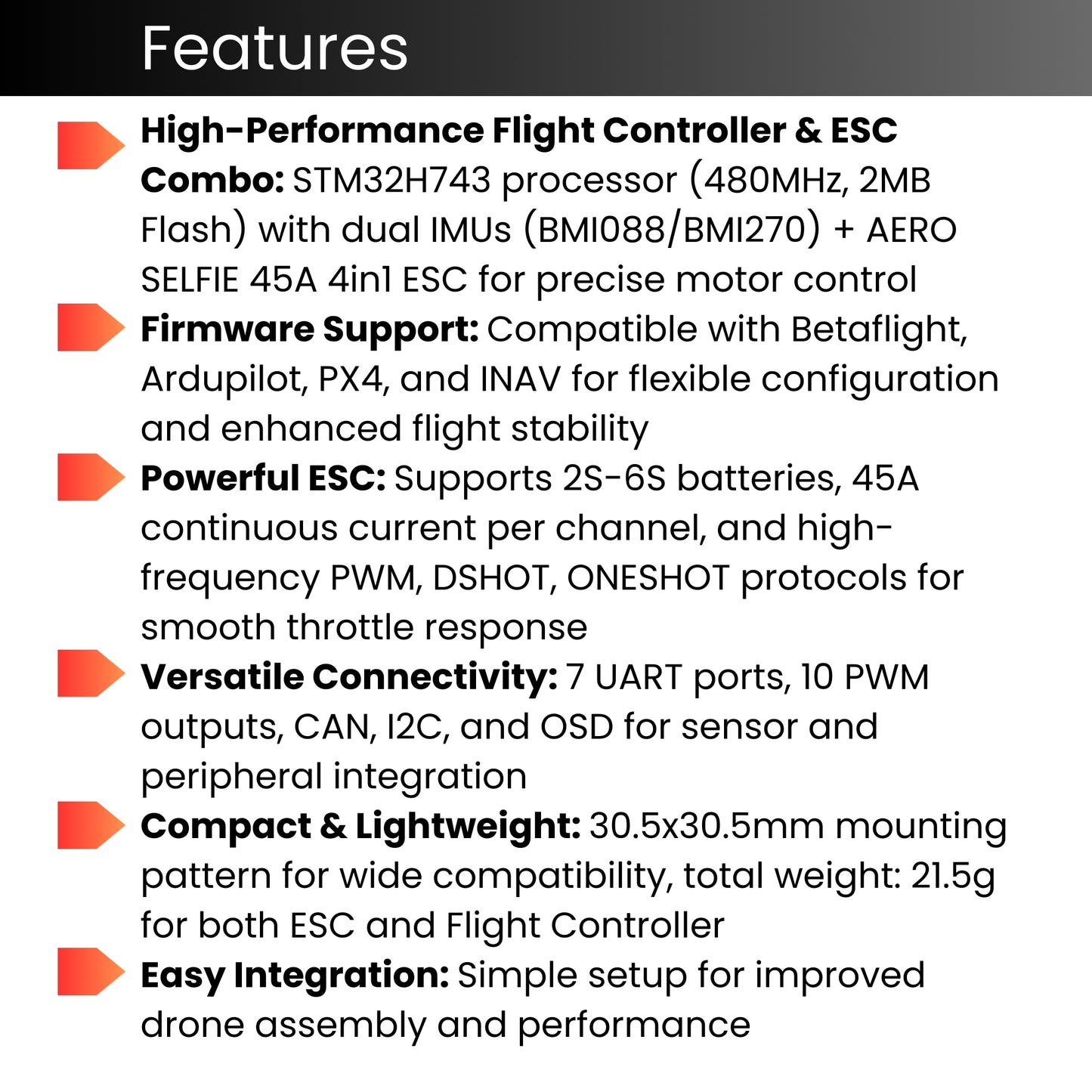 AERO SELFIE H743 Flight Controller Stack: 30x30 Stack with 45A 4in1 ESC Combo Supports Betaflight, Ardupilot, PX4, INAV, 6V-28V Input, 45A Continuous, DSHOT/PWM for FPV & UAVs