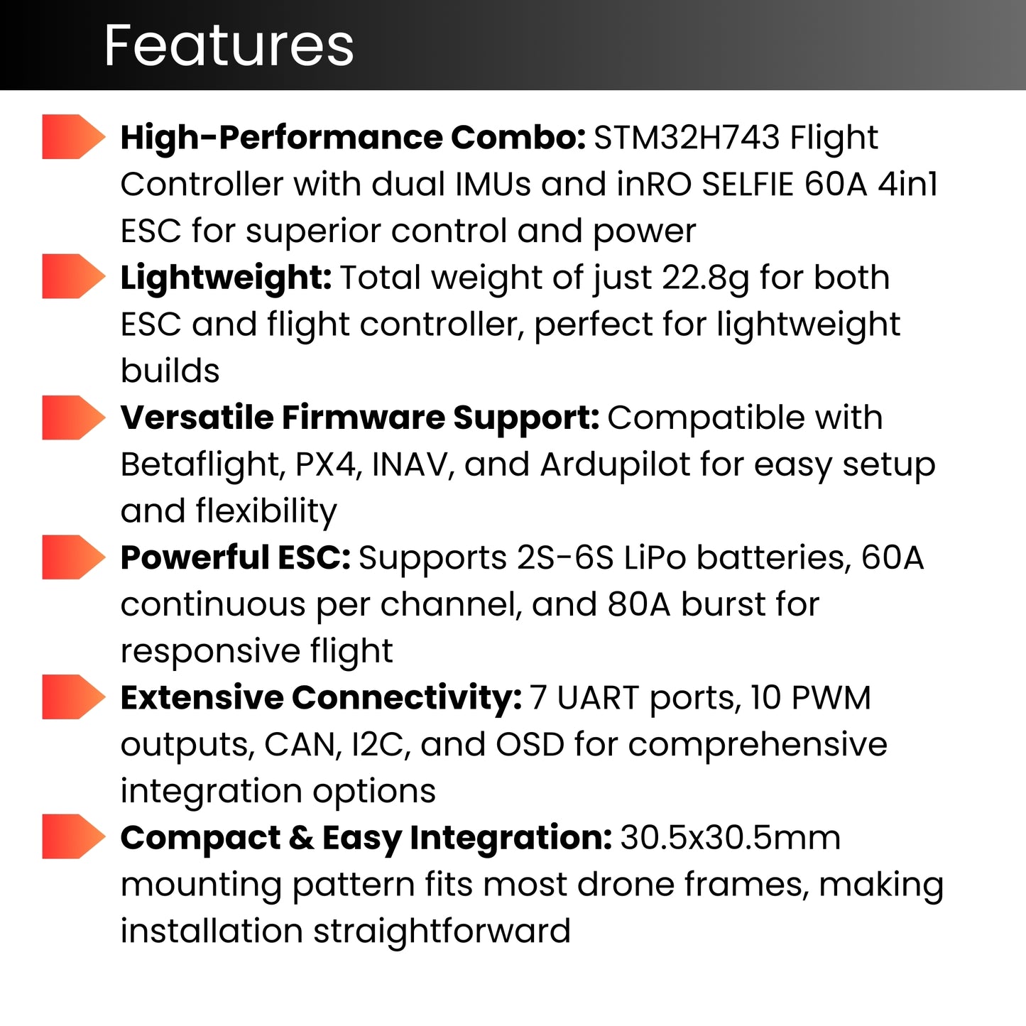 AERO SELFIE H743 Flight Controller Stack: 30x30 Stack with 60A 4in1 ESC Combo Supports Betaflight, Ardupilot, PX4, INAV, 6V-28V Input, DSHOT, PWM for FPV & UAVs