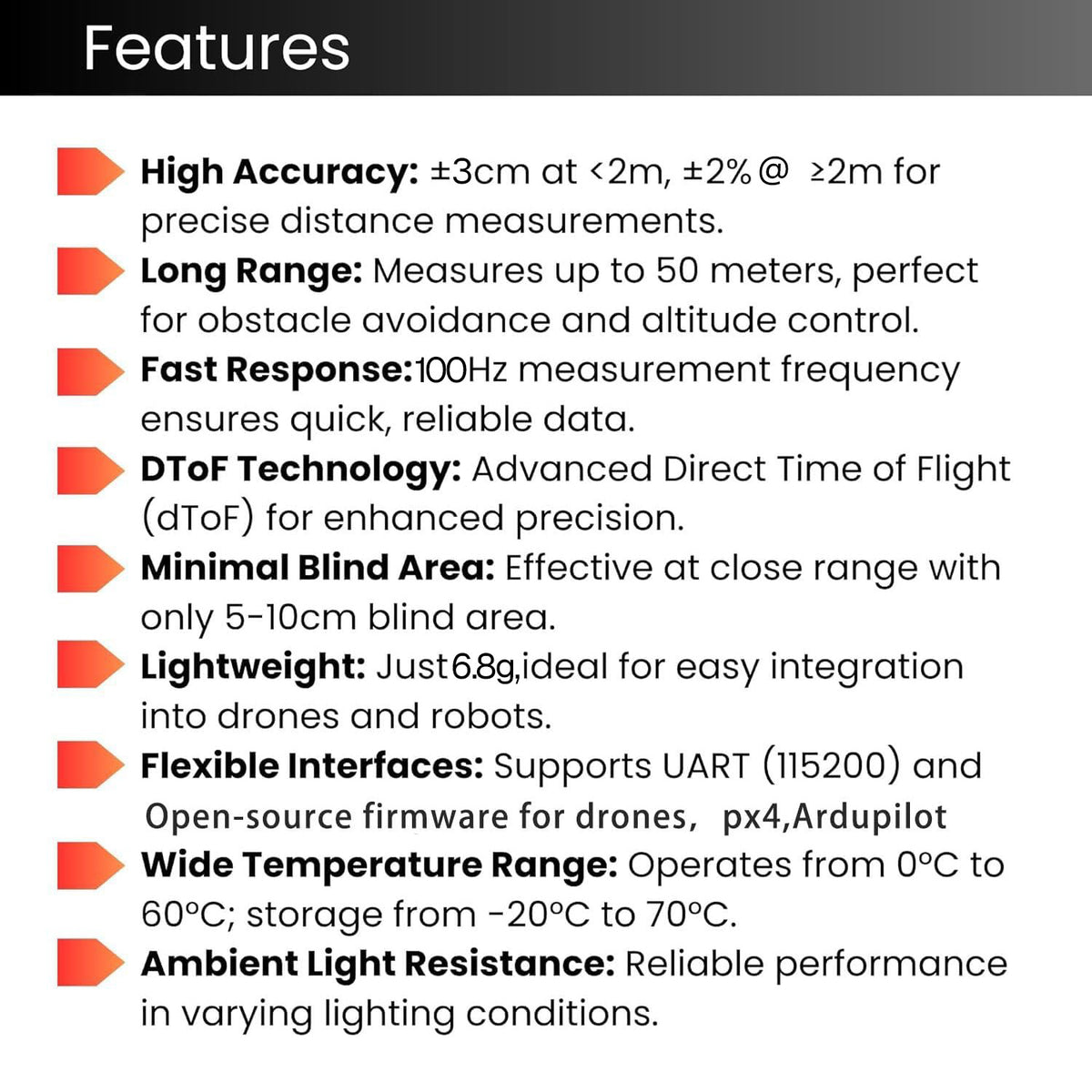 AERO SELFIE Laser Rangefinder Sensor (for Drone Altitude Hold and Obstacle Avoidance, and Robotics) Range: 50 Meters High-Precision dToF Technology Sampling Rate: 100Hz