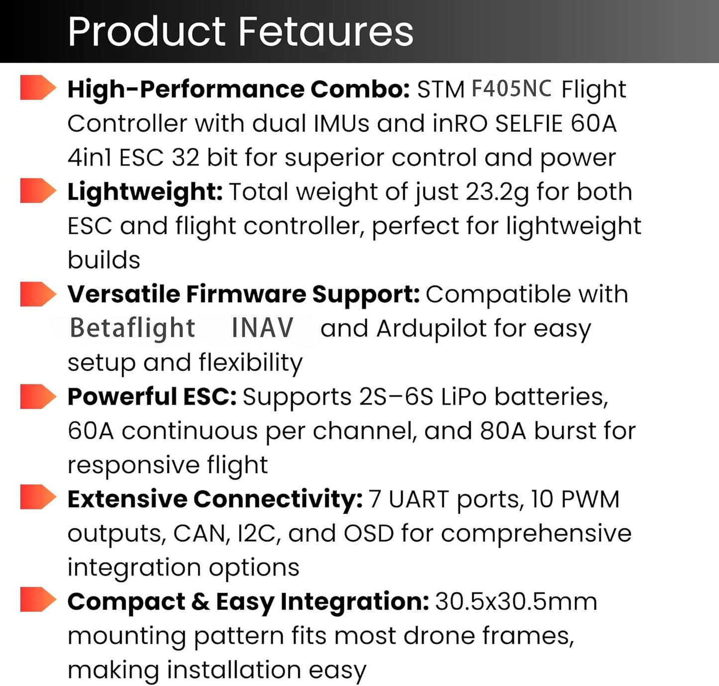 AERO SELFIE F405NC Flight Controller with 60A 32 bit ESC 30x30 Stack: Supports 2-6S LiPo, Dual IMU42688,  Barometer/DPS310, for O3 O4 AIR interface Compatible with Betaflight, INAV, Ardupilot for FPV & Racing Drones
