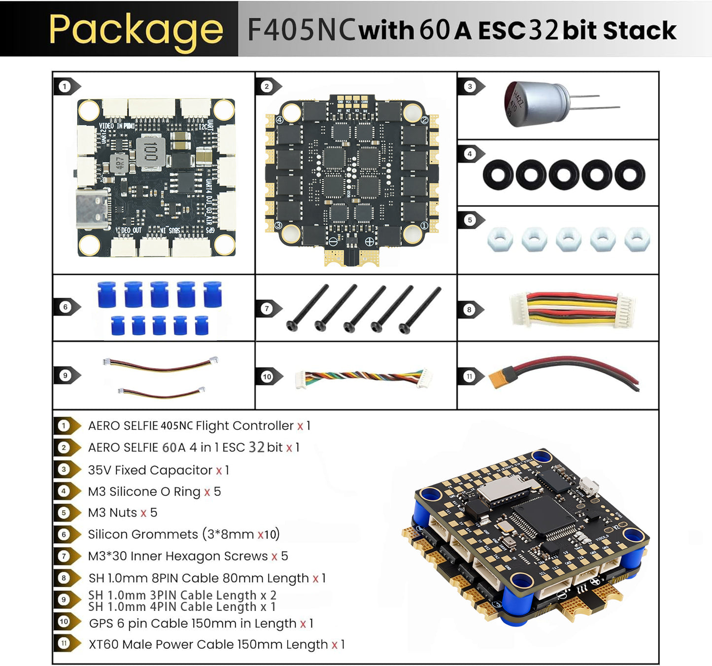 AERO SELFIE F405NC Flight Controller with 60A 32 bit ESC 30x30 Stack: Supports 2-6S LiPo, Dual IMU42688,  Barometer/DPS310, for O3 O4 AIR interface Compatible with Betaflight, INAV, Ardupilot for FPV & Racing Drones