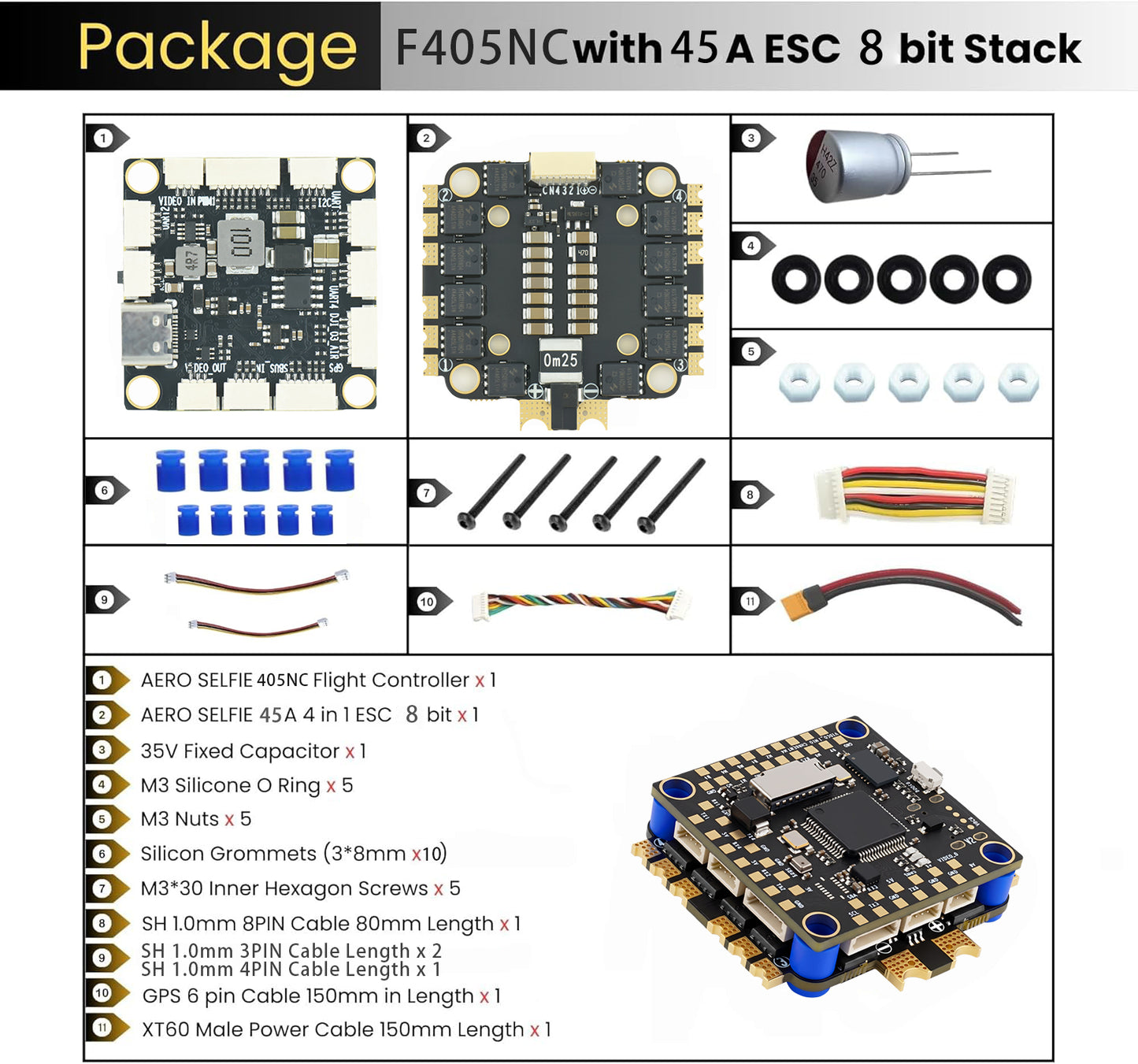 AERO SELFIE F405NC Flight Controller with 60A 32 bit ESC 30x30 Stack: Supports 2-6S LiPo, Dual IMU42688,  Barometer/DPS310, for O3 O4 AIR interface Compatible with Betaflight, INAV, Ardupilot for FPV & Racing Drones