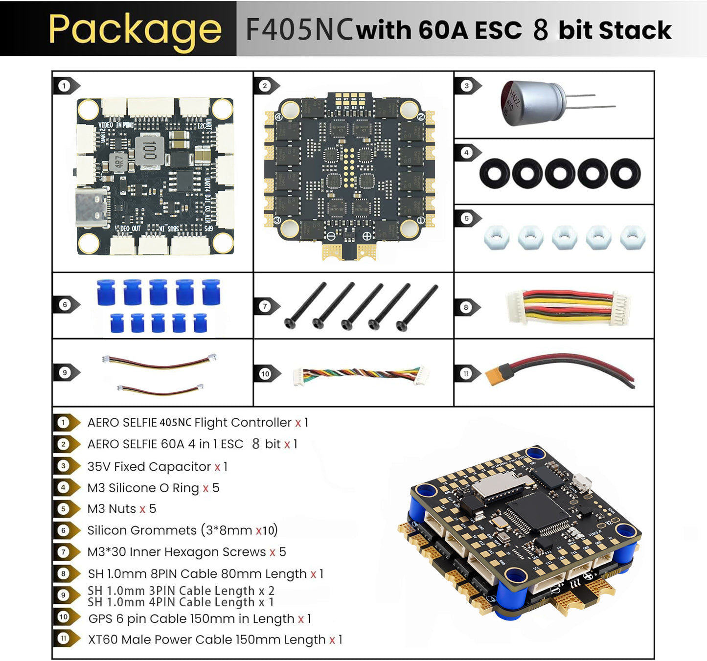 AERO SELFIE F405NC Flight Controller with 60A 32 bit ESC 30x30 Stack: Supports 2-6S LiPo, Dual IMU42688,  Barometer/DPS310, for O3 O4 AIR interface Compatible with Betaflight, INAV, Ardupilot for FPV & Racing Drones