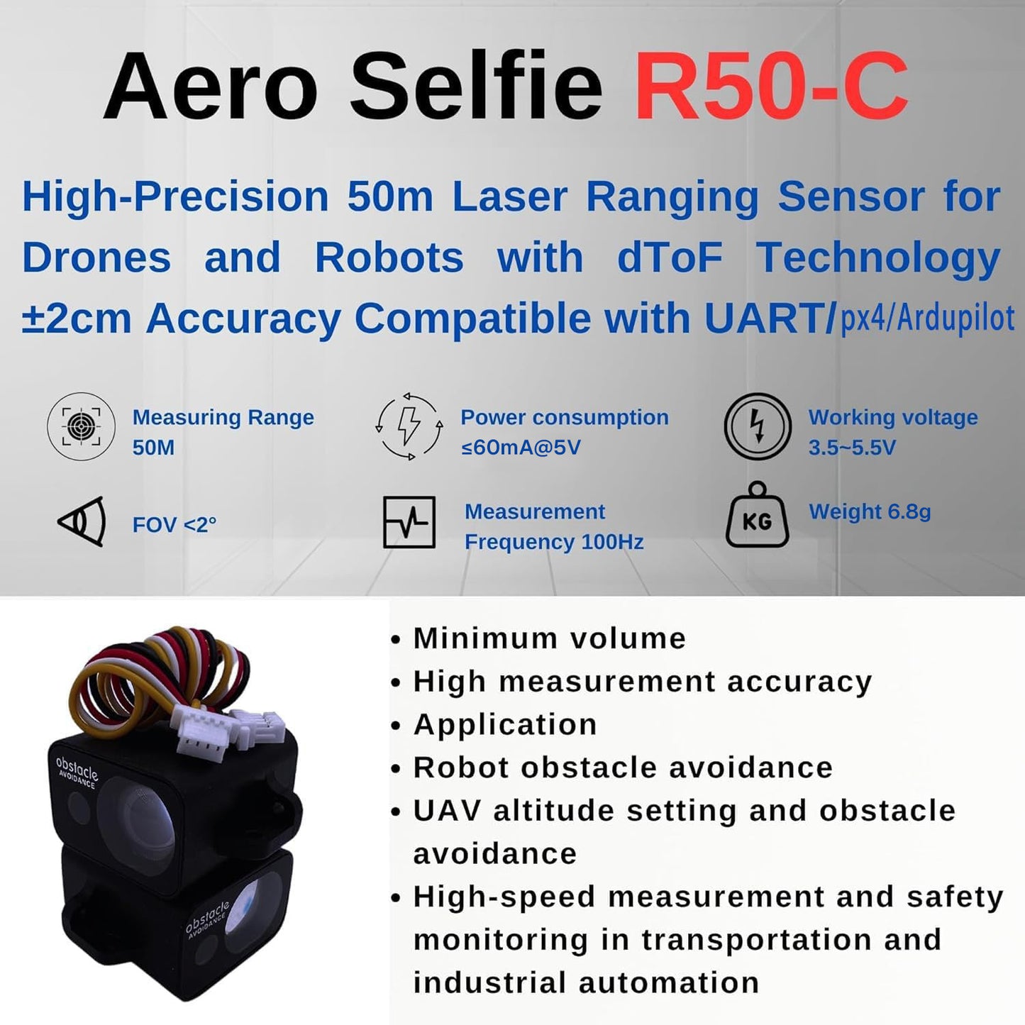 AERO SELFIE Laser Rangefinder Sensor (for Drone Altitude Hold and Obstacle Avoidance, and Robotics) Range: 50 Meters High-Precision dToF Technology Sampling Rate: 100Hz