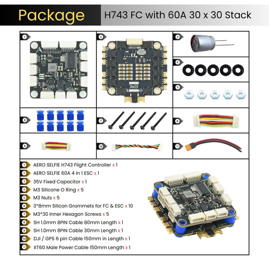 AERO SELFIE H743 Flight Controller Stack: 30x30Stack 60A 4in1 ESC with ...